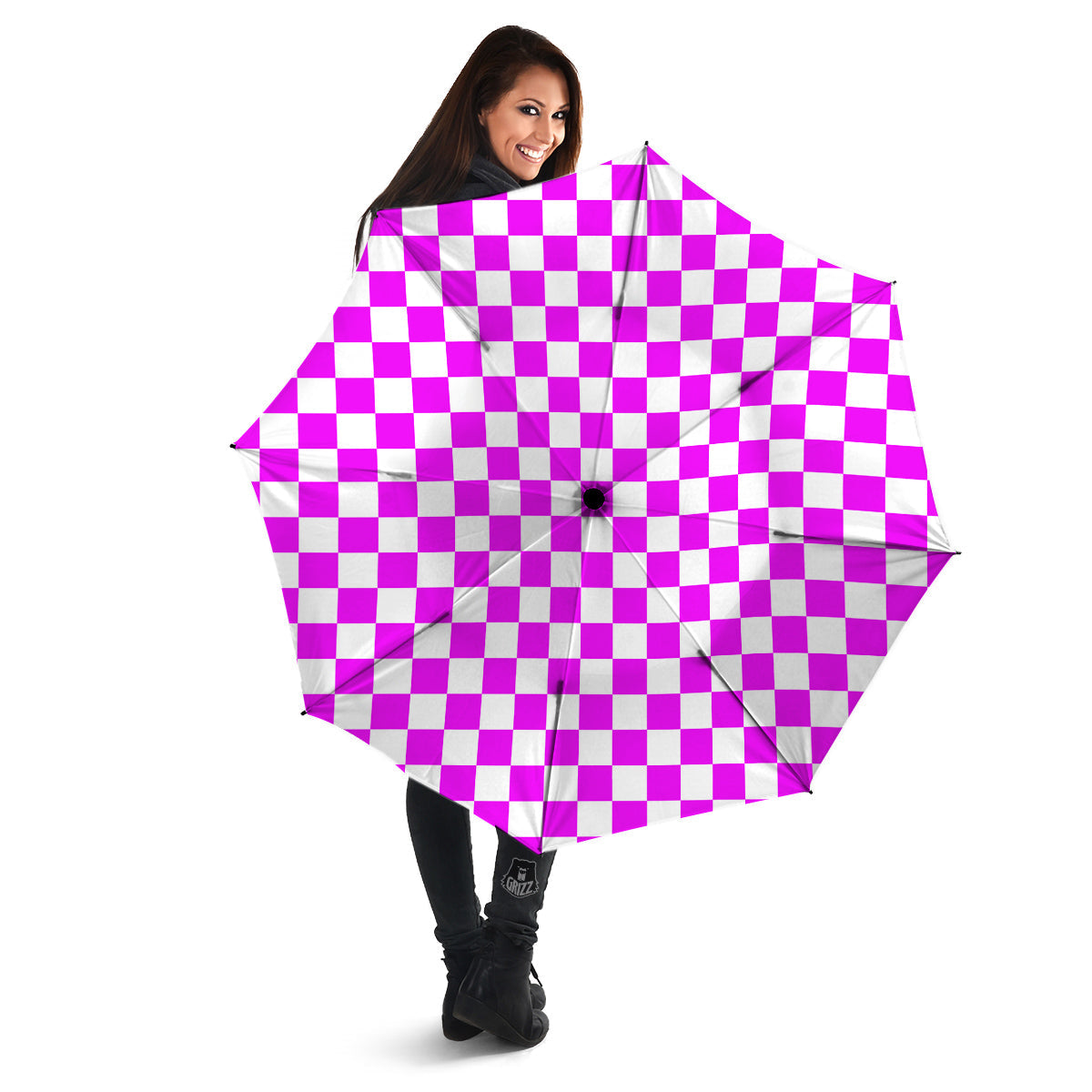 Pink Checkered Flag Print Umbrella-grizzshop