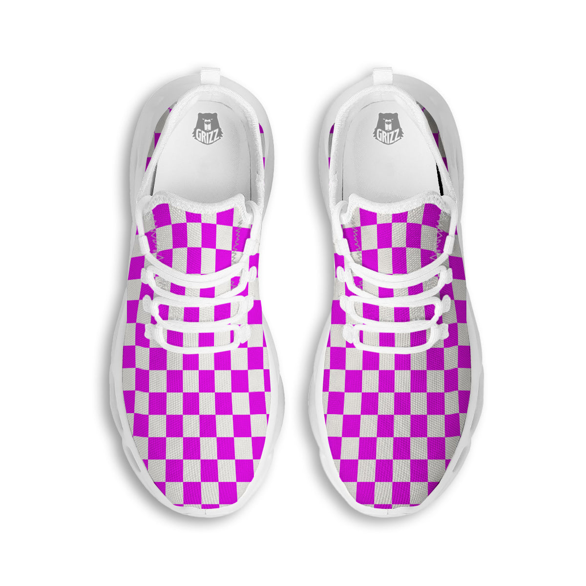 Pink Checkered Flag Print White Running Shoes-grizzshop