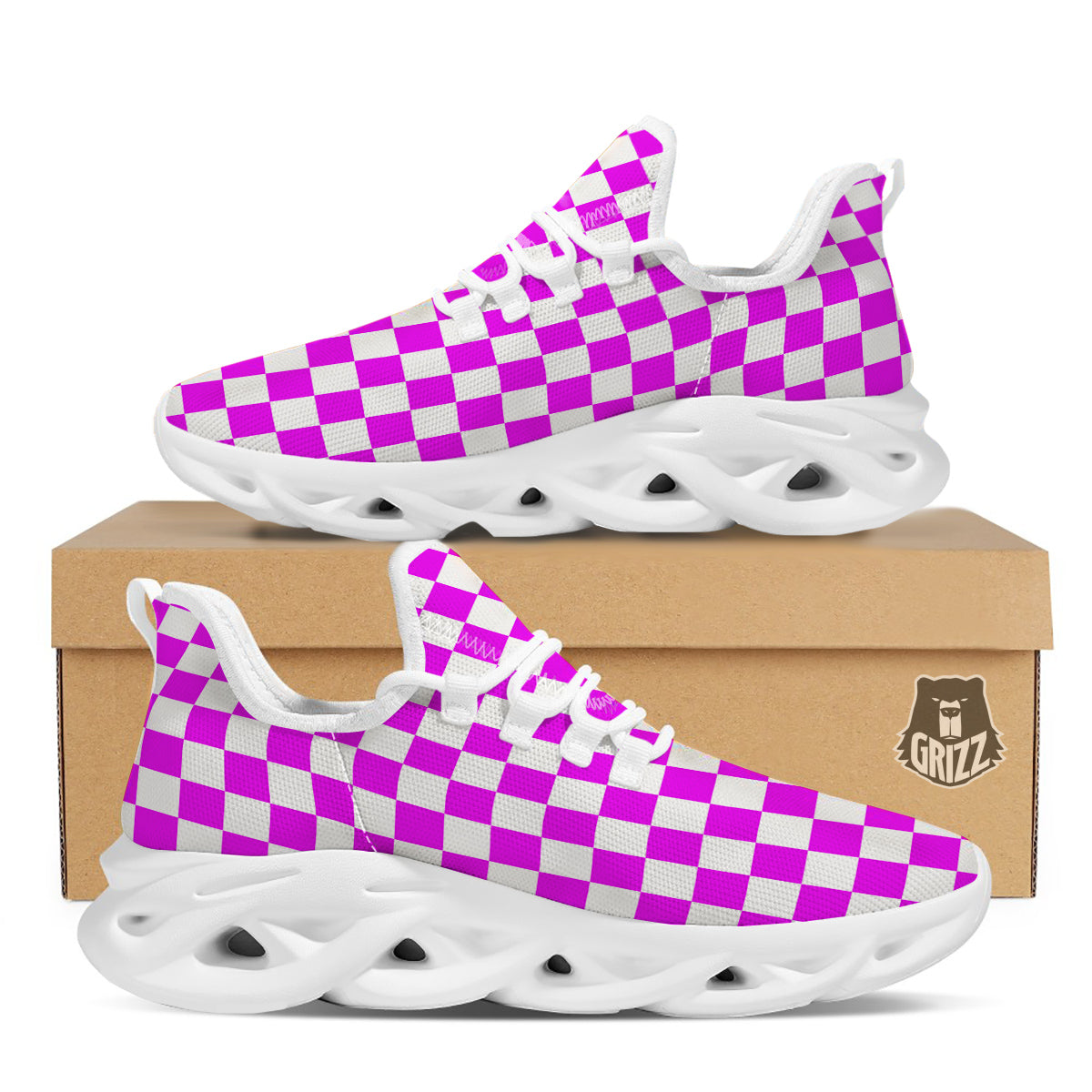 Pink Checkered Flag Print White Running Shoes-grizzshop