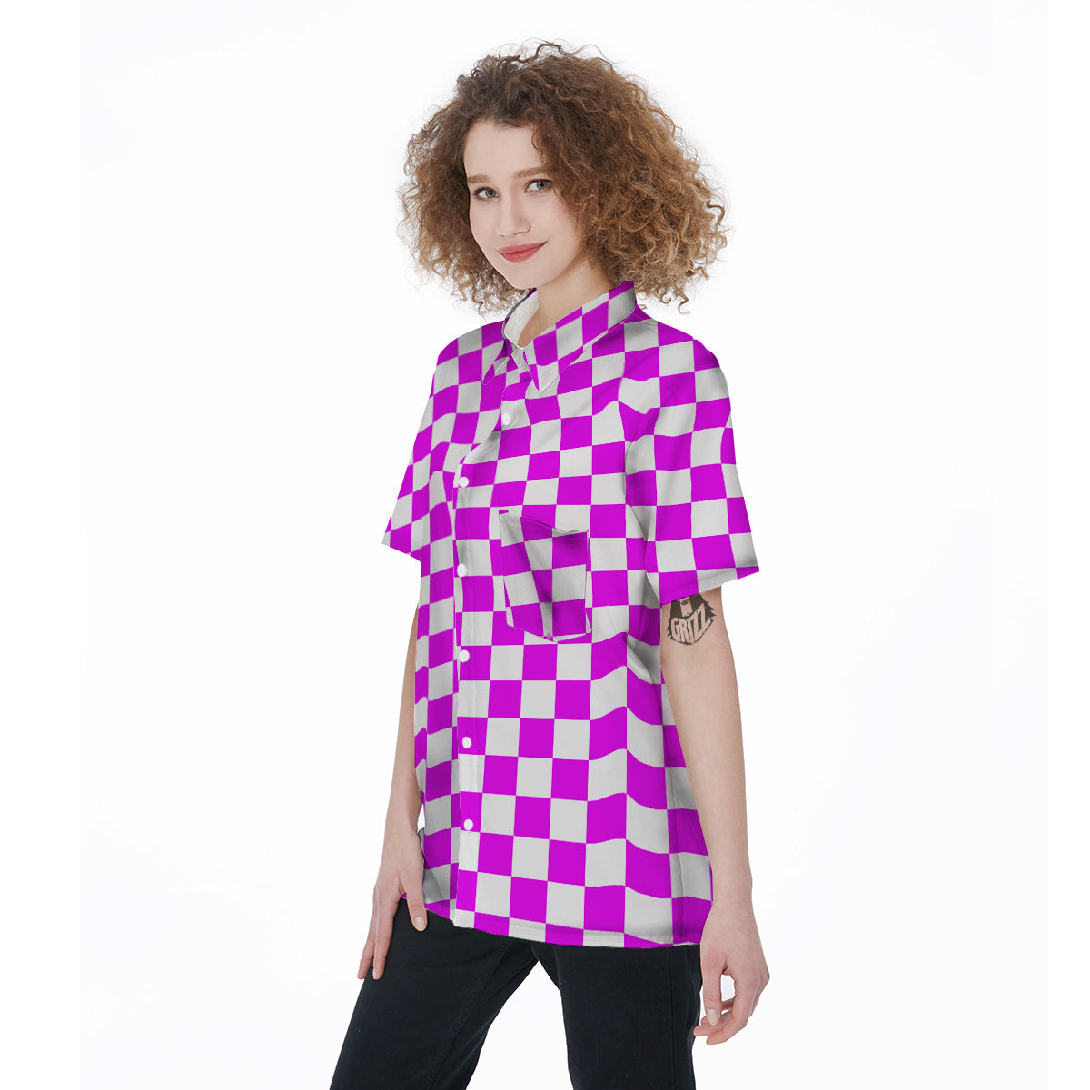 Pink Checkered Flag Print Women's Short Sleeve Shirts-grizzshop