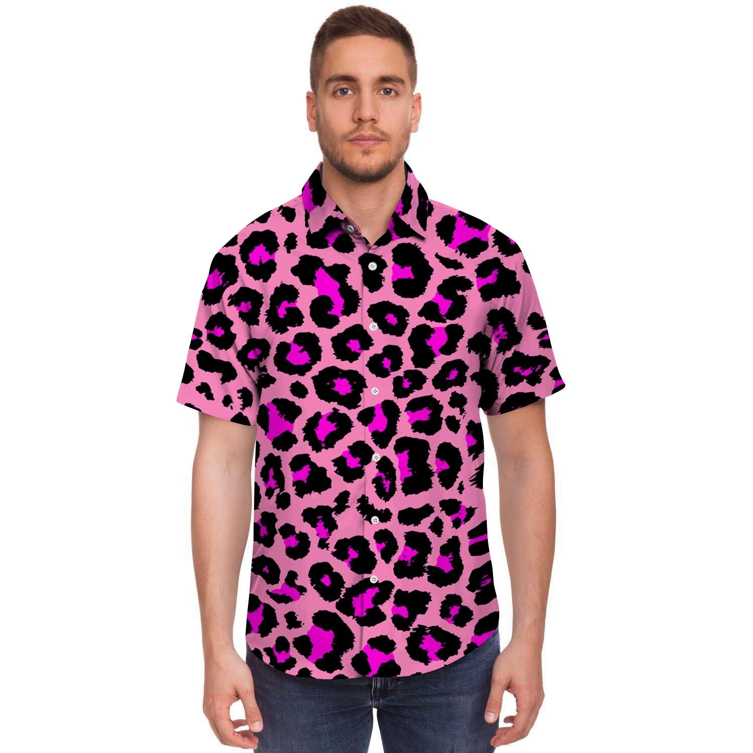 Pink Cheetah Leopard Men's Short Sleeve Shirt-grizzshop