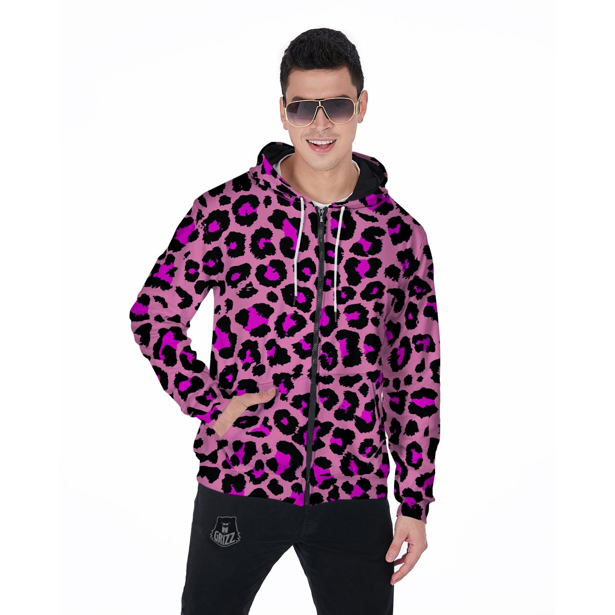 Pink Cheetah Leopard Men's Zip Up Hoodie-grizzshop