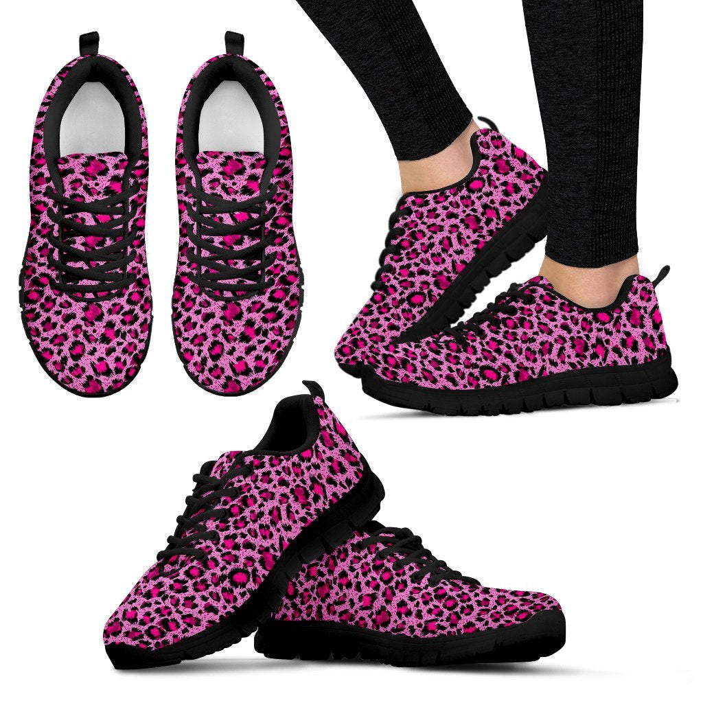 Pink Cheetah Leopard Pattern Print Black Sneaker Shoes For Men Women-grizzshop