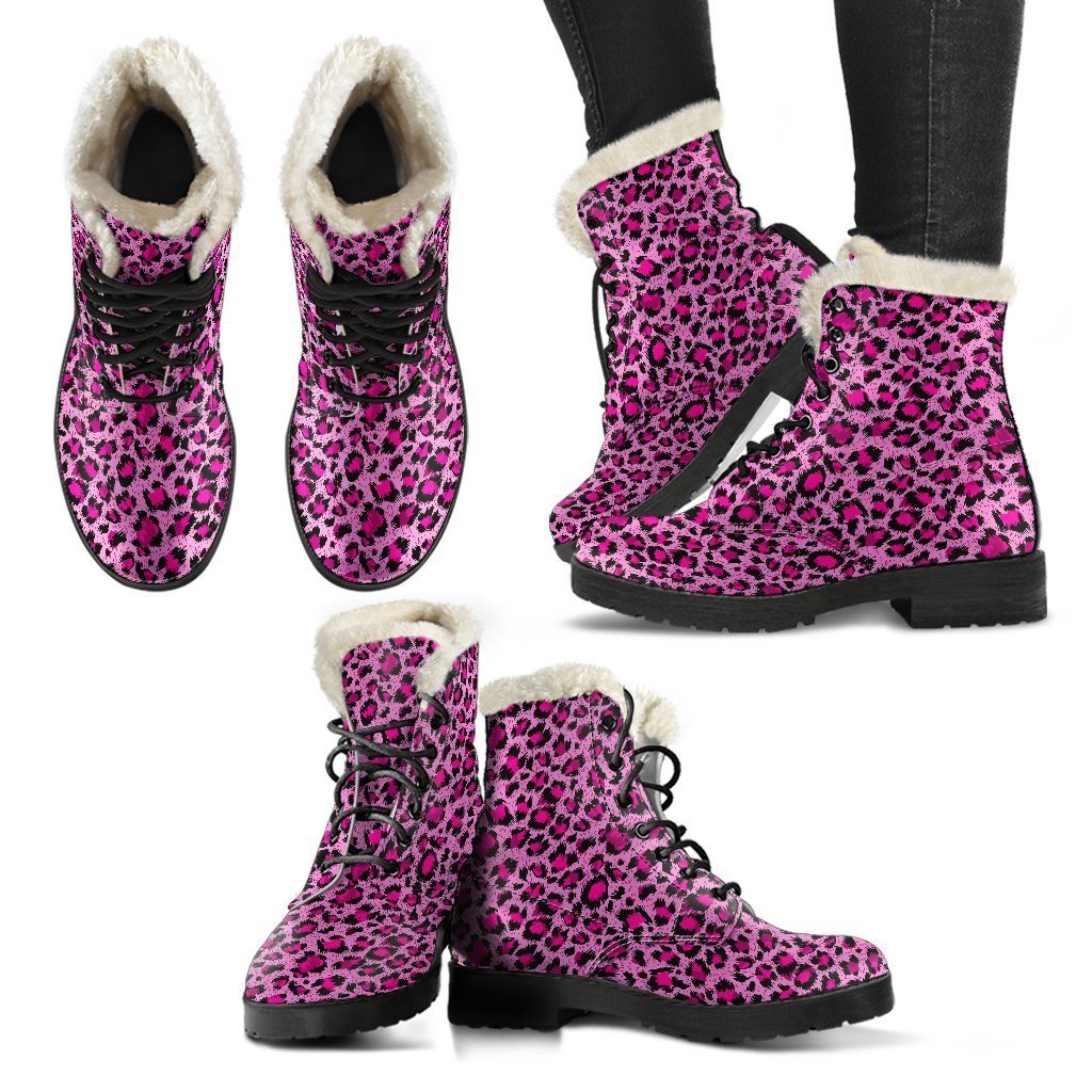 Pink Cheetah Leopard Pattern Print Comfy Winter Boots-grizzshop