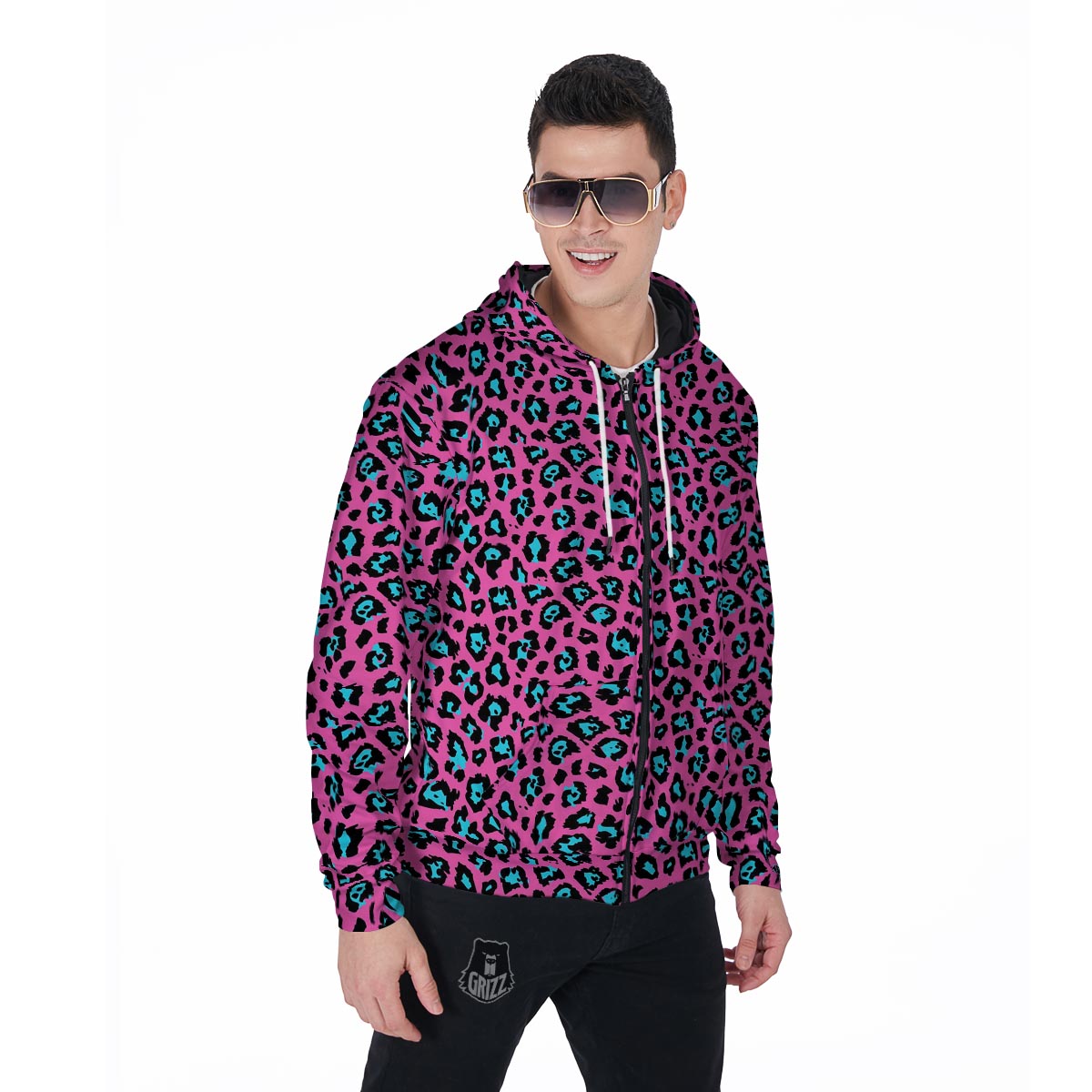 Pink Cheetah Men's Zip Up Hoodie-grizzshop