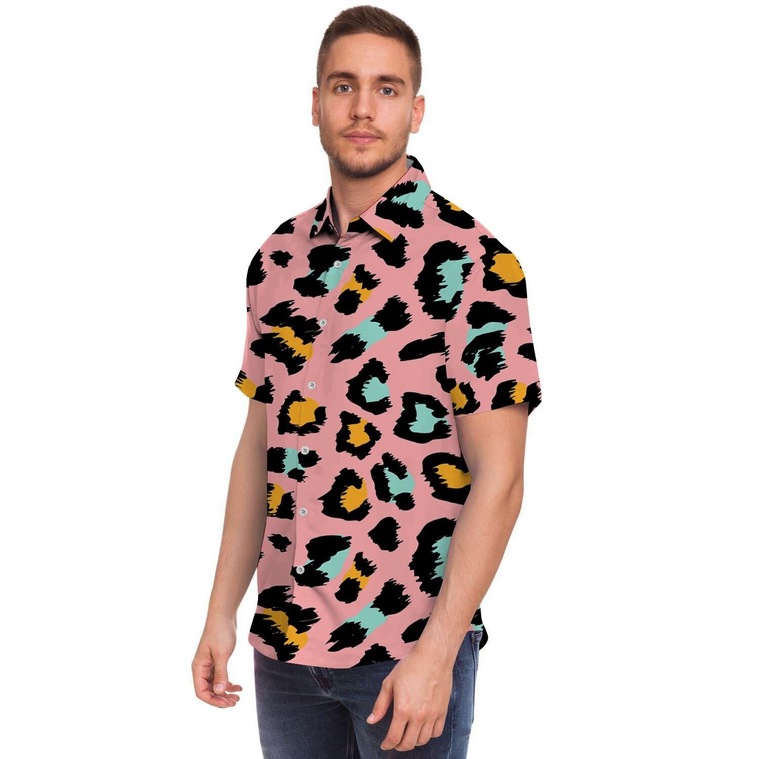 Pink Cheetah Print Men's Short Sleeve Shirt-grizzshop