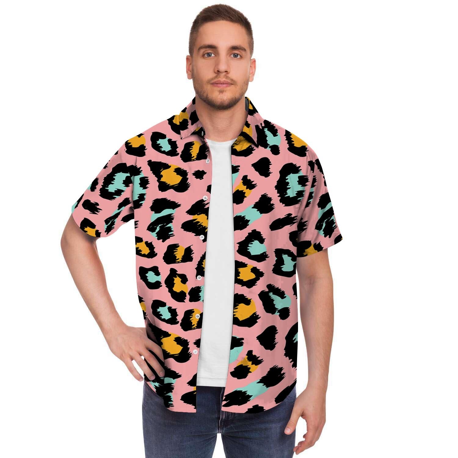 Pink Cheetah Print Men's Short Sleeve Shirt-grizzshop