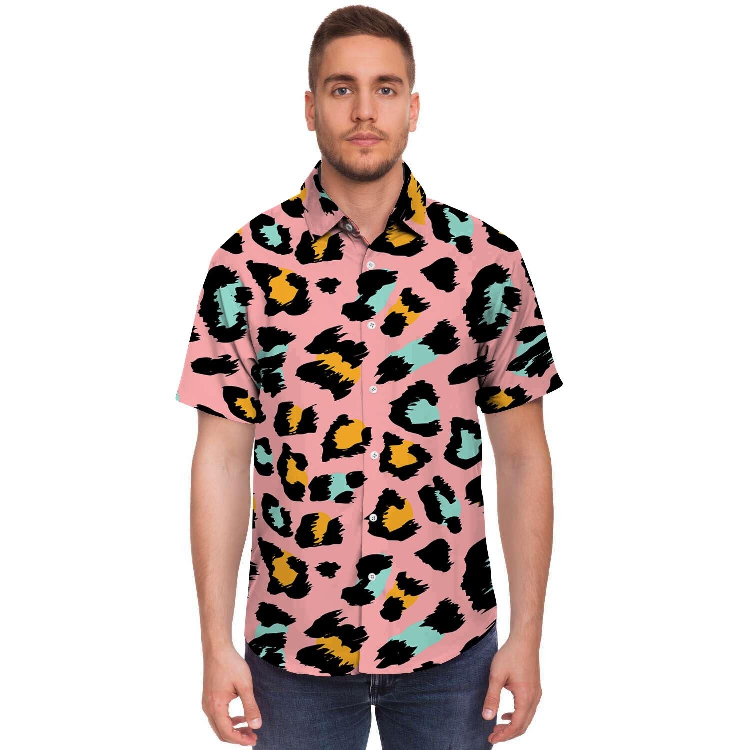 Pink Cheetah Print Men's Short Sleeve Shirt-grizzshop