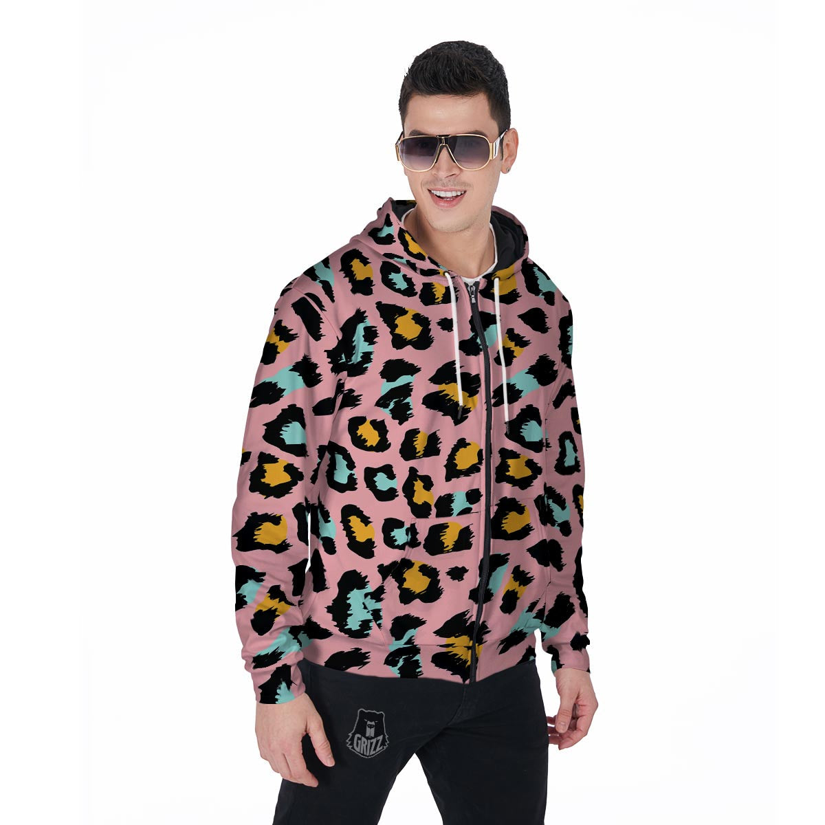 Pink Cheetah Print Men's Zip Up Hoodie-grizzshop