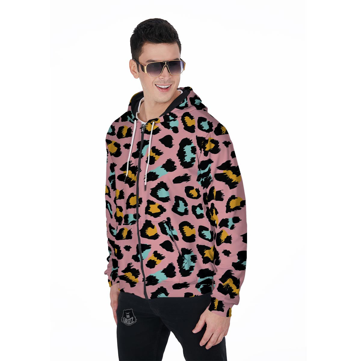 Pink Cheetah Print Men's Zip Up Hoodie-grizzshop