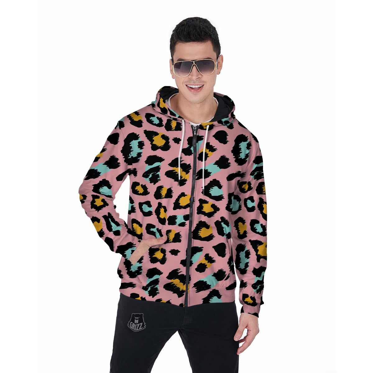 Pink Cheetah Print Men's Zip Up Hoodie-grizzshop