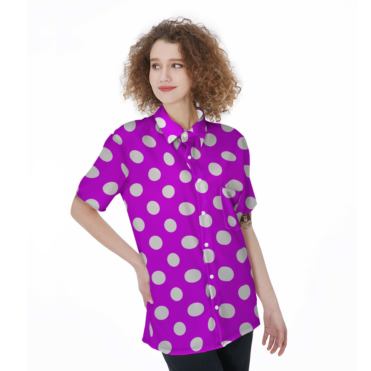 Pink Color Polka Dot Print Pattern Women's Short Sleeve Shirts-grizzshop