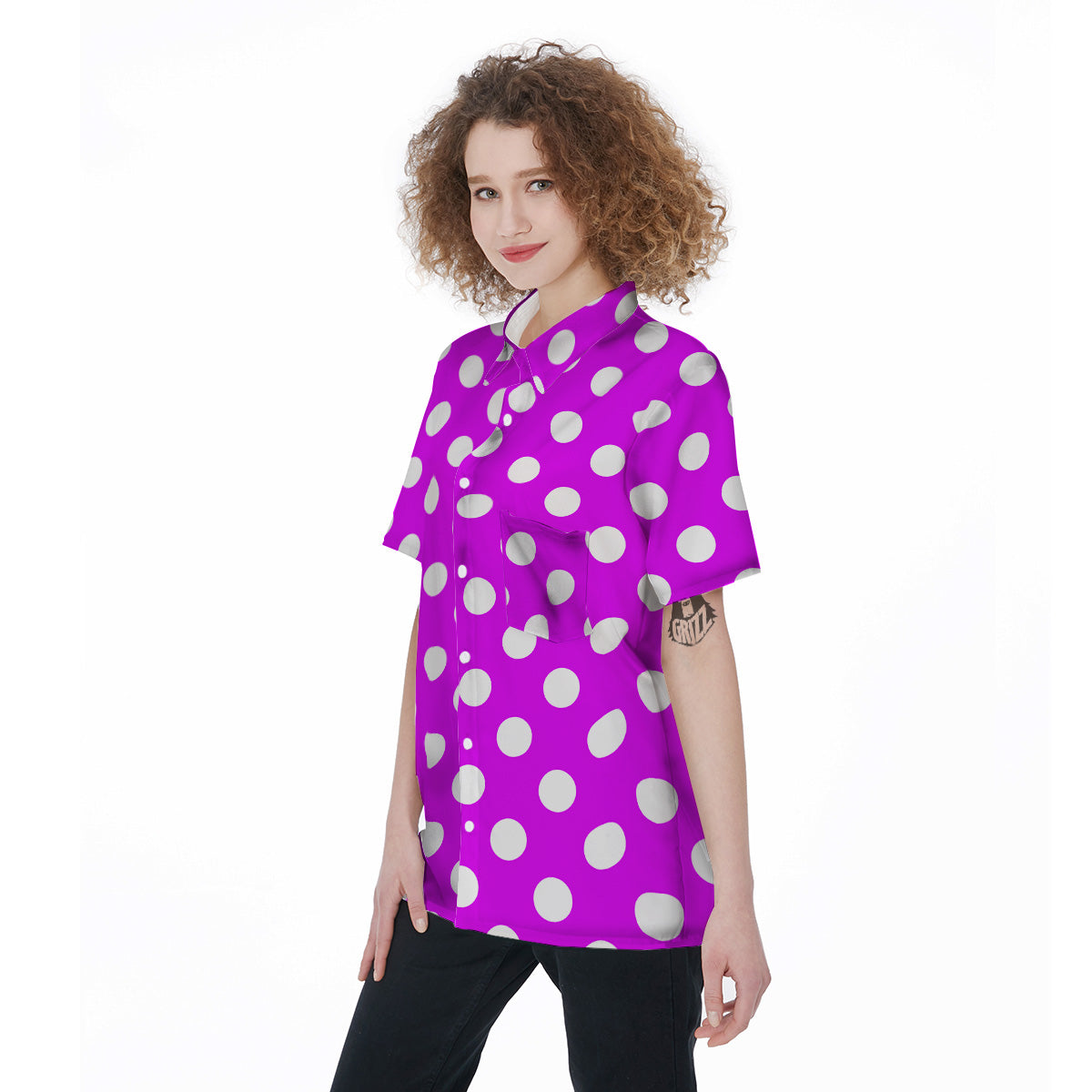 Pink Color Polka Dot Print Pattern Women's Short Sleeve Shirts-grizzshop