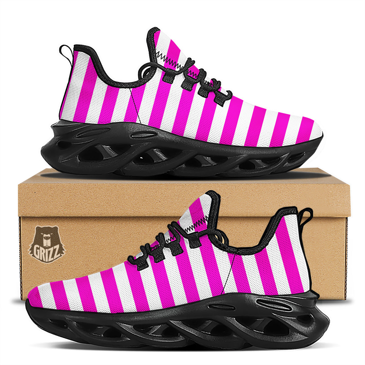 Pink Color Striped Print Black Running Shoes-grizzshop
