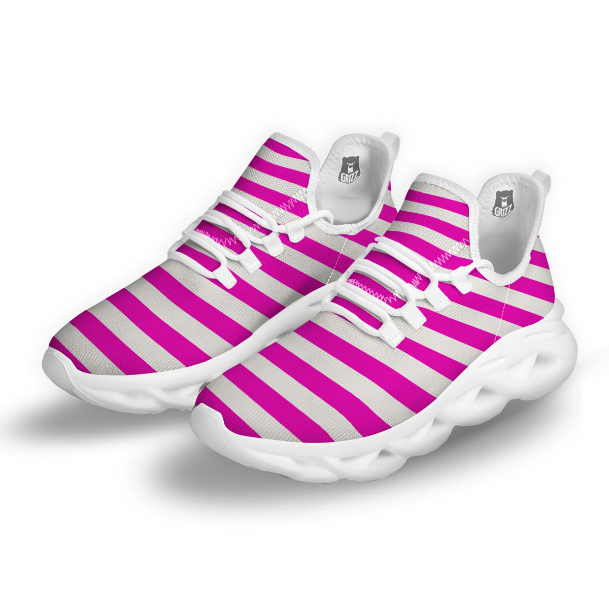 Pink Color Striped Print White Running Shoes-grizzshop