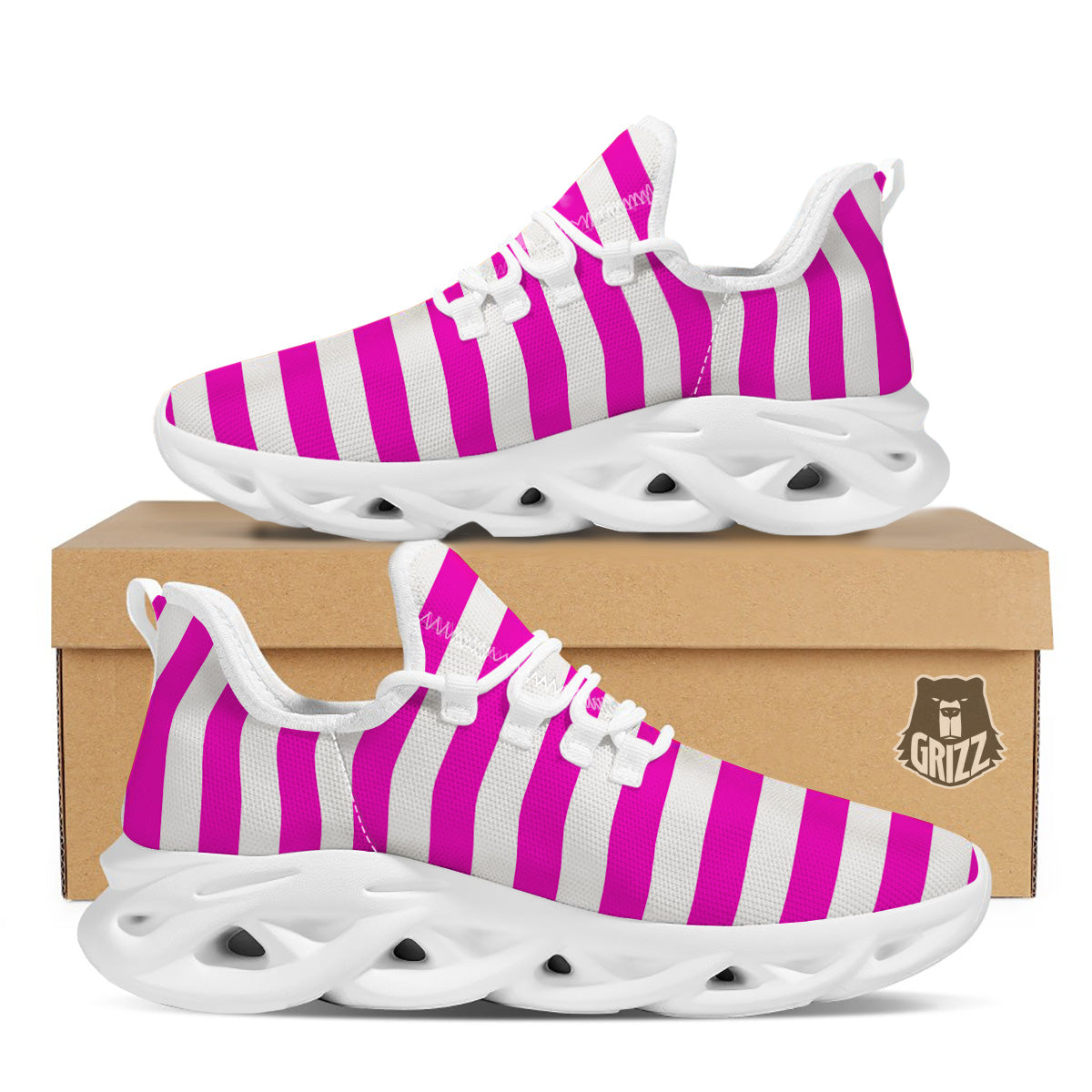 Pink Color Striped Print White Running Shoes-grizzshop