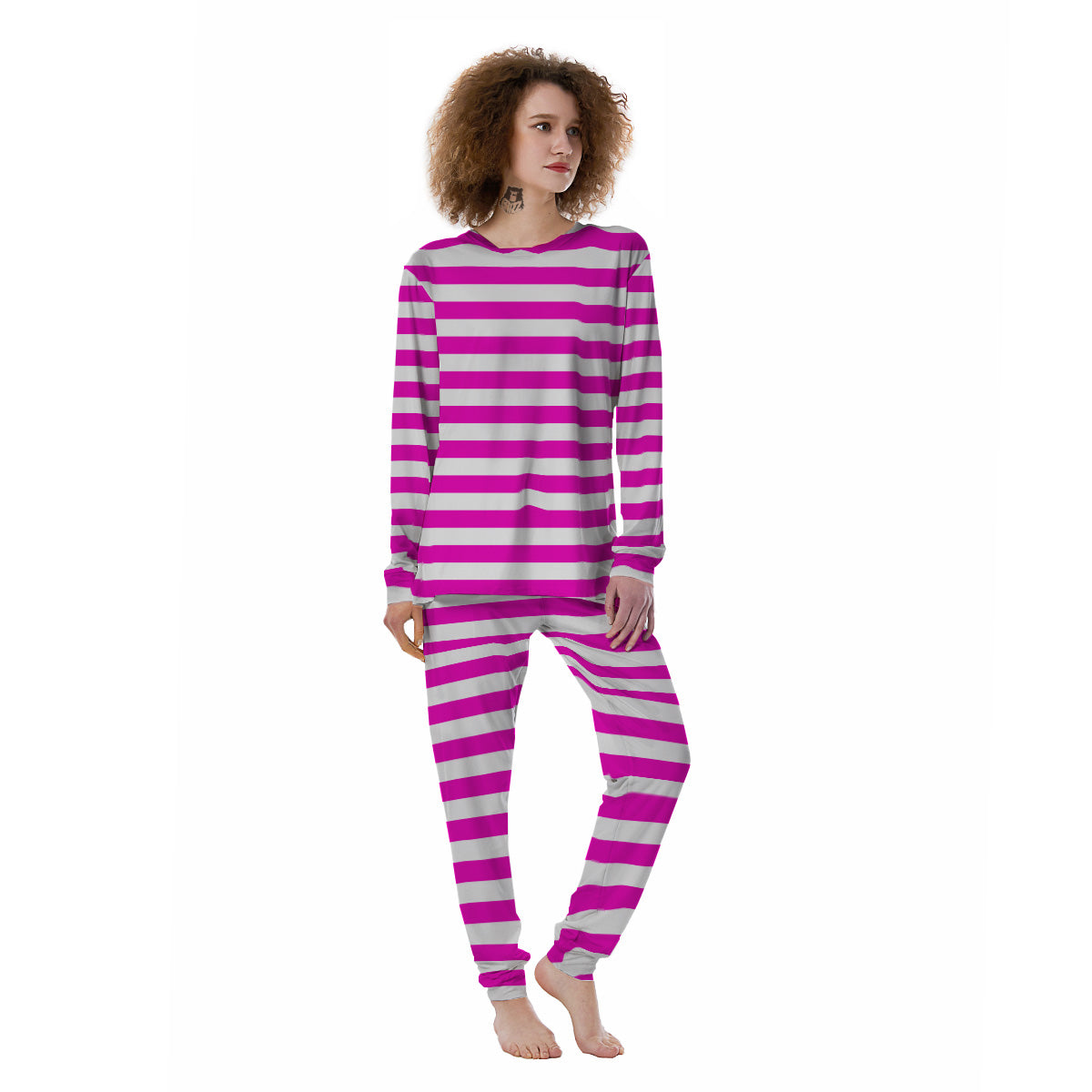 Pink Color Striped Print Women's Pajamas-grizzshop