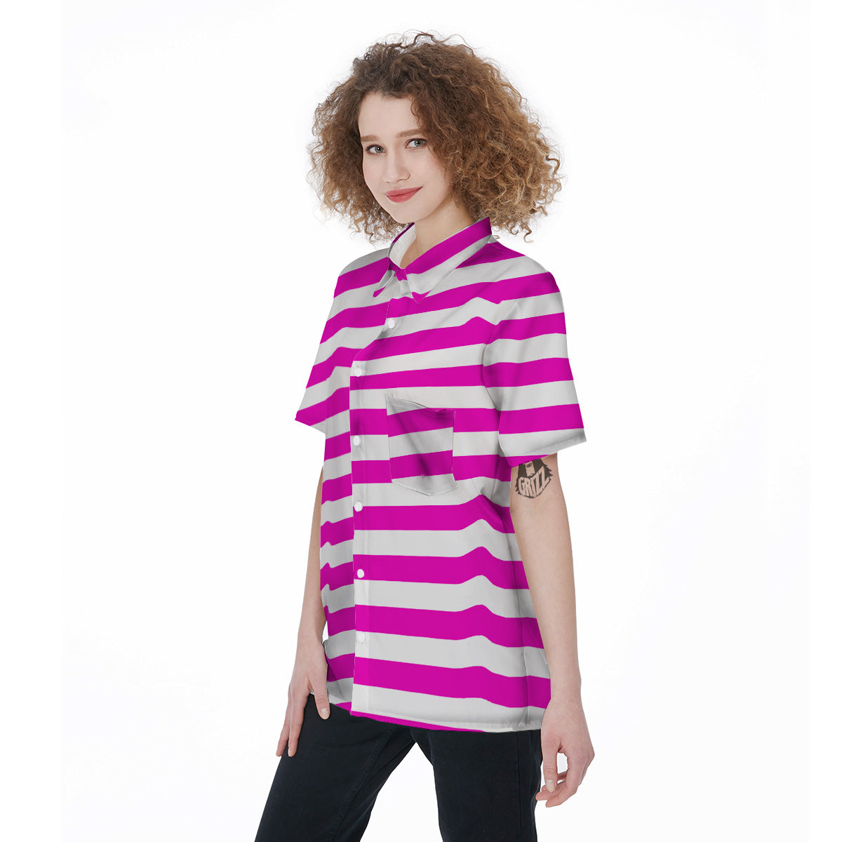 Pink Color Striped Print Women's Short Sleeve Shirts-grizzshop