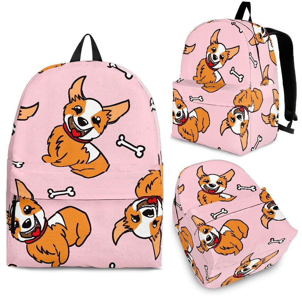 Pink Corgi Pattern Print Backpack-grizzshop