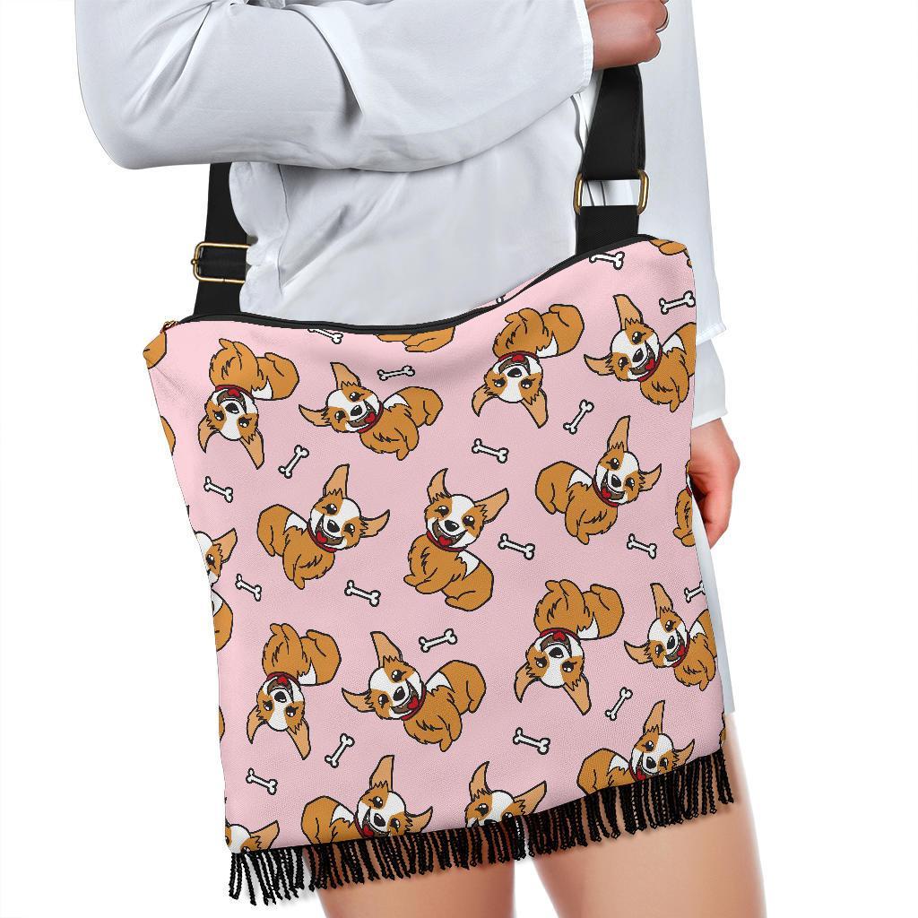 Pink Corgi Pattern Print Crossbody Bags-grizzshop