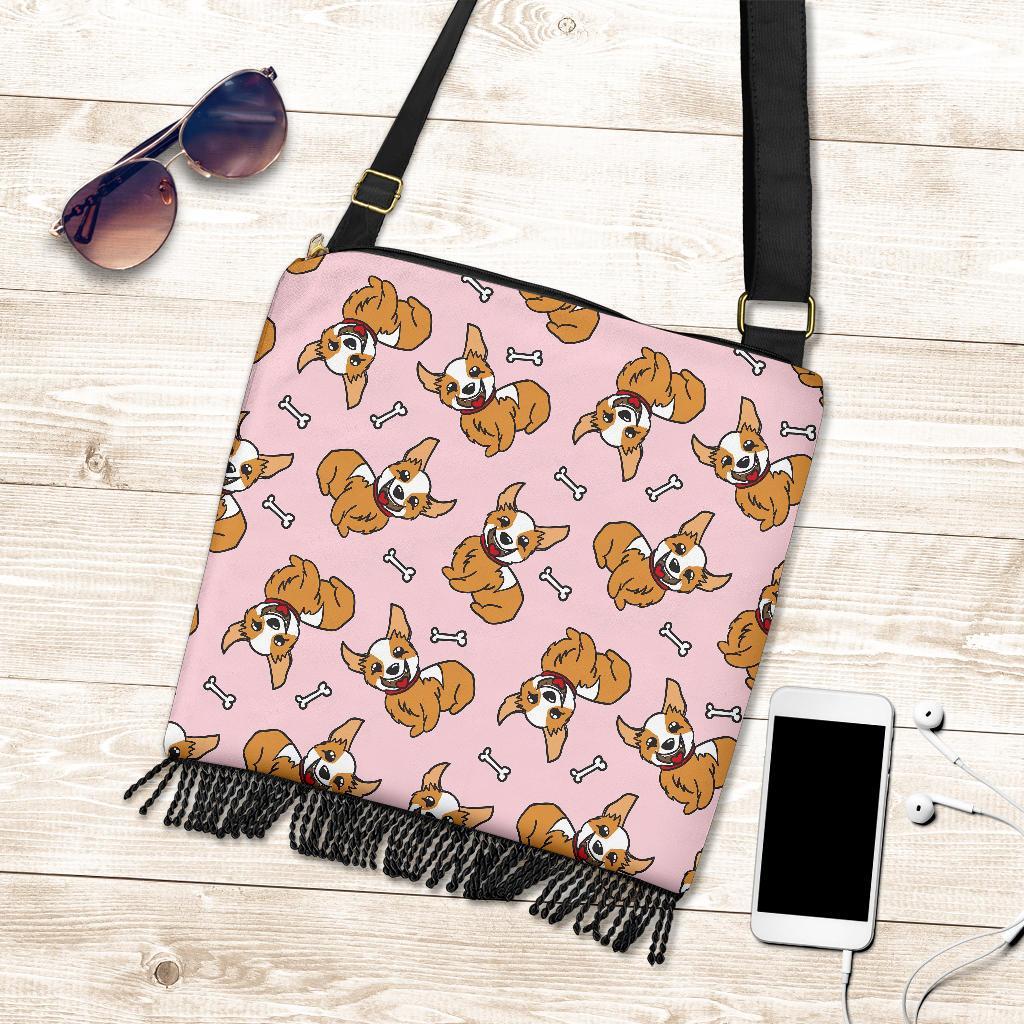 Pink Corgi Pattern Print Crossbody Bags-grizzshop