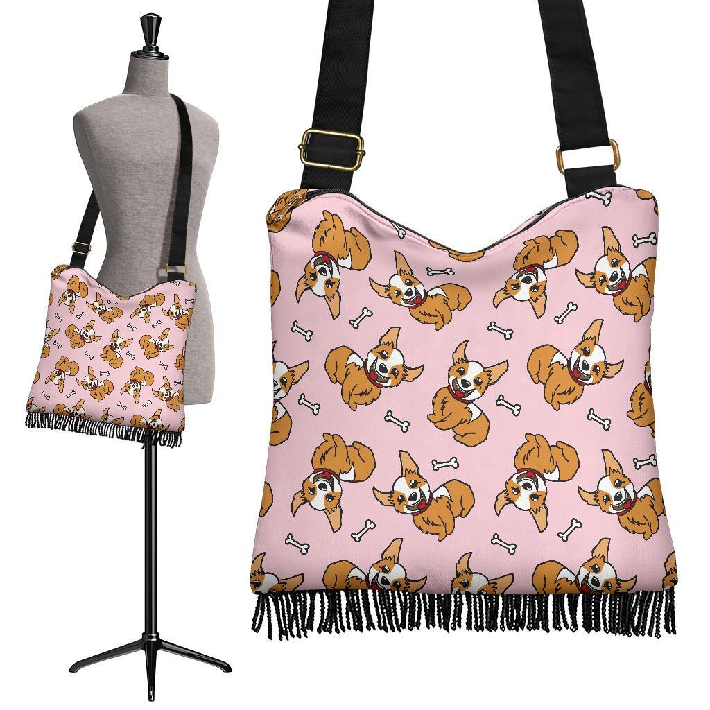 Pink Corgi Pattern Print Crossbody Bags-grizzshop