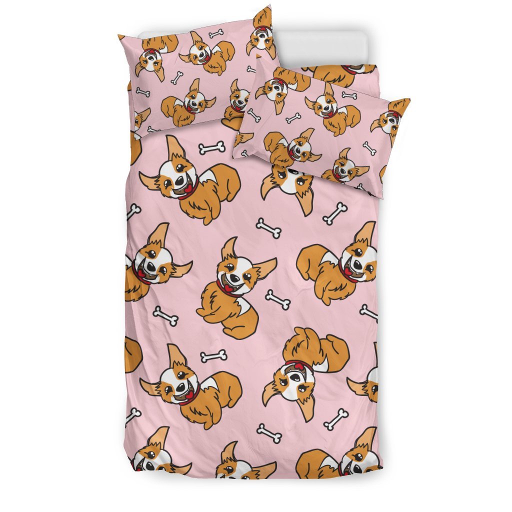 Pink Corgi Pattern Print Duvet Cover Bedding Set-grizzshop