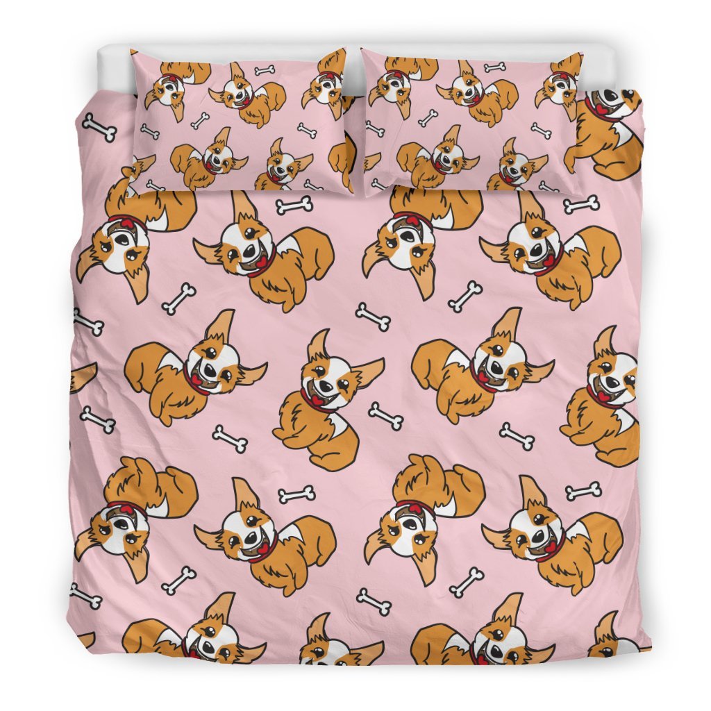 Pink Corgi Pattern Print Duvet Cover Bedding Set-grizzshop