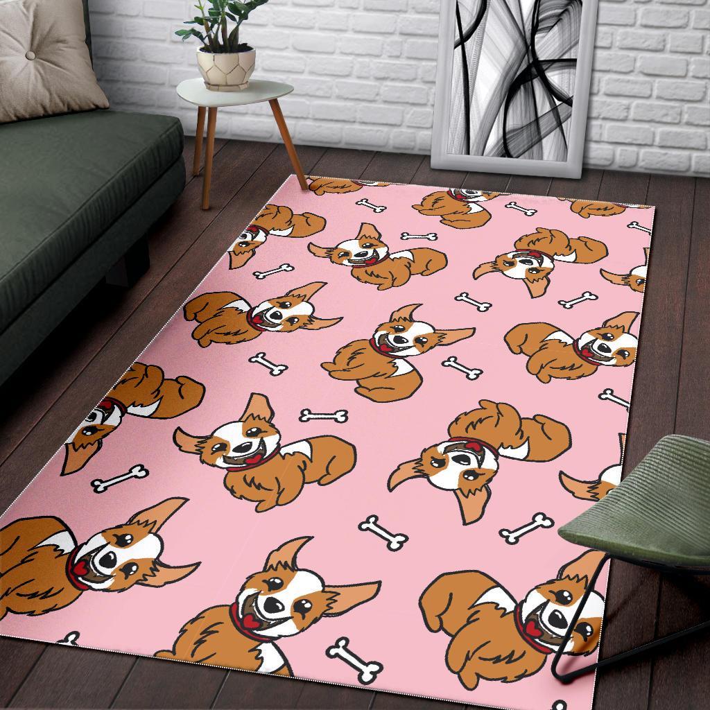 Pink Corgi Pattern Print Floor Mat-grizzshop