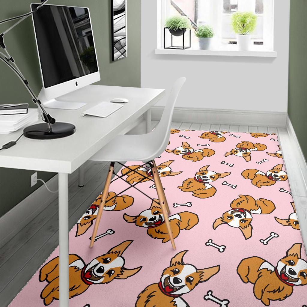 Pink Corgi Pattern Print Floor Mat-grizzshop