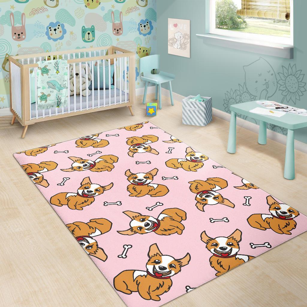 Pink Corgi Pattern Print Floor Mat-grizzshop