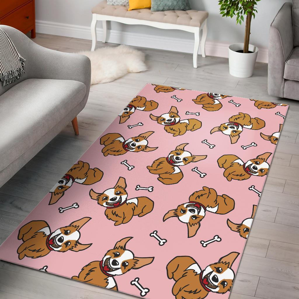 Pink Corgi Pattern Print Floor Mat-grizzshop