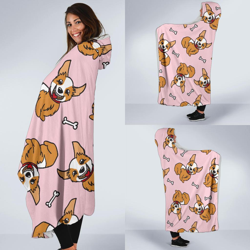 Pink Corgi Pattern Print Hooded Blanket-grizzshop