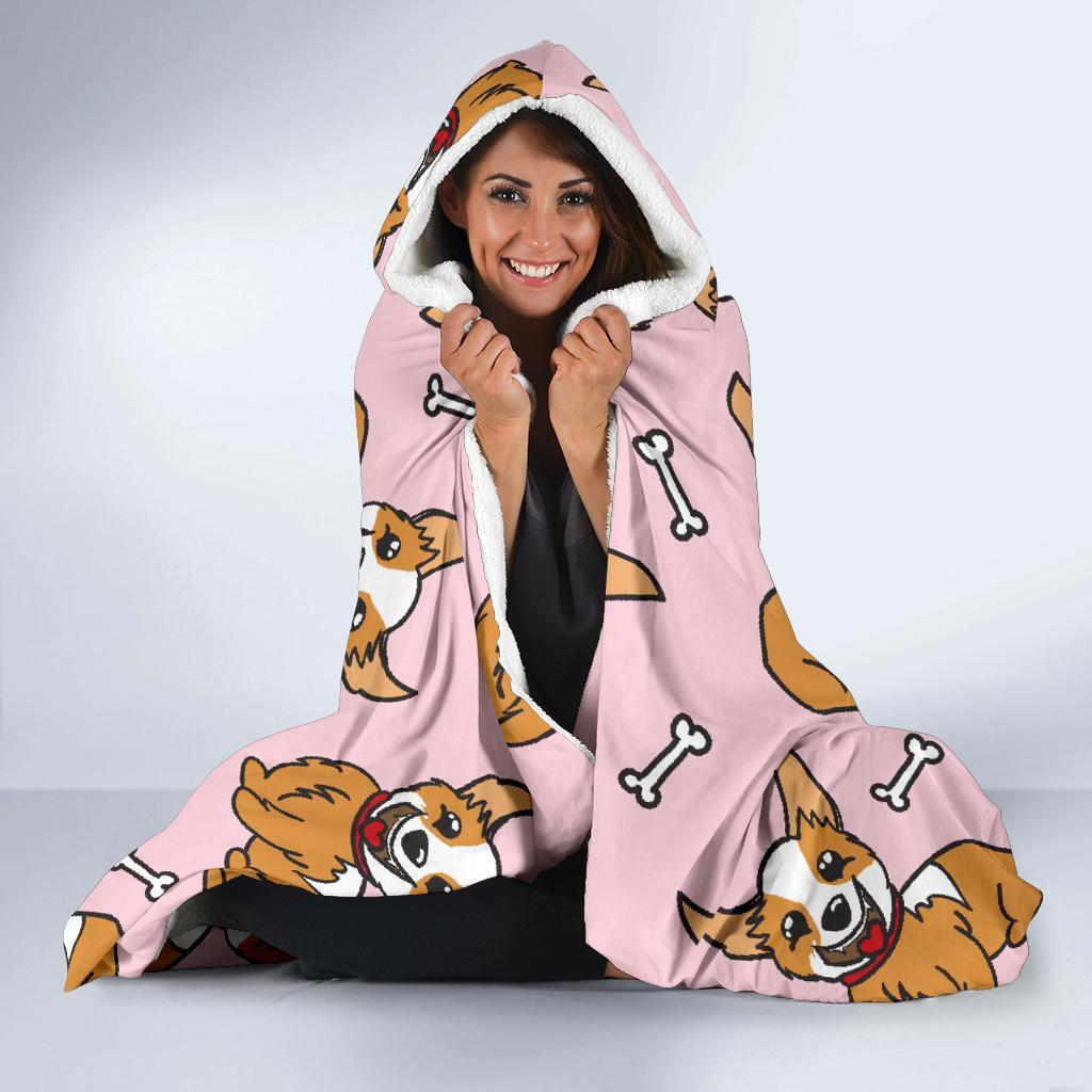 Pink Corgi Pattern Print Hooded Blanket-grizzshop