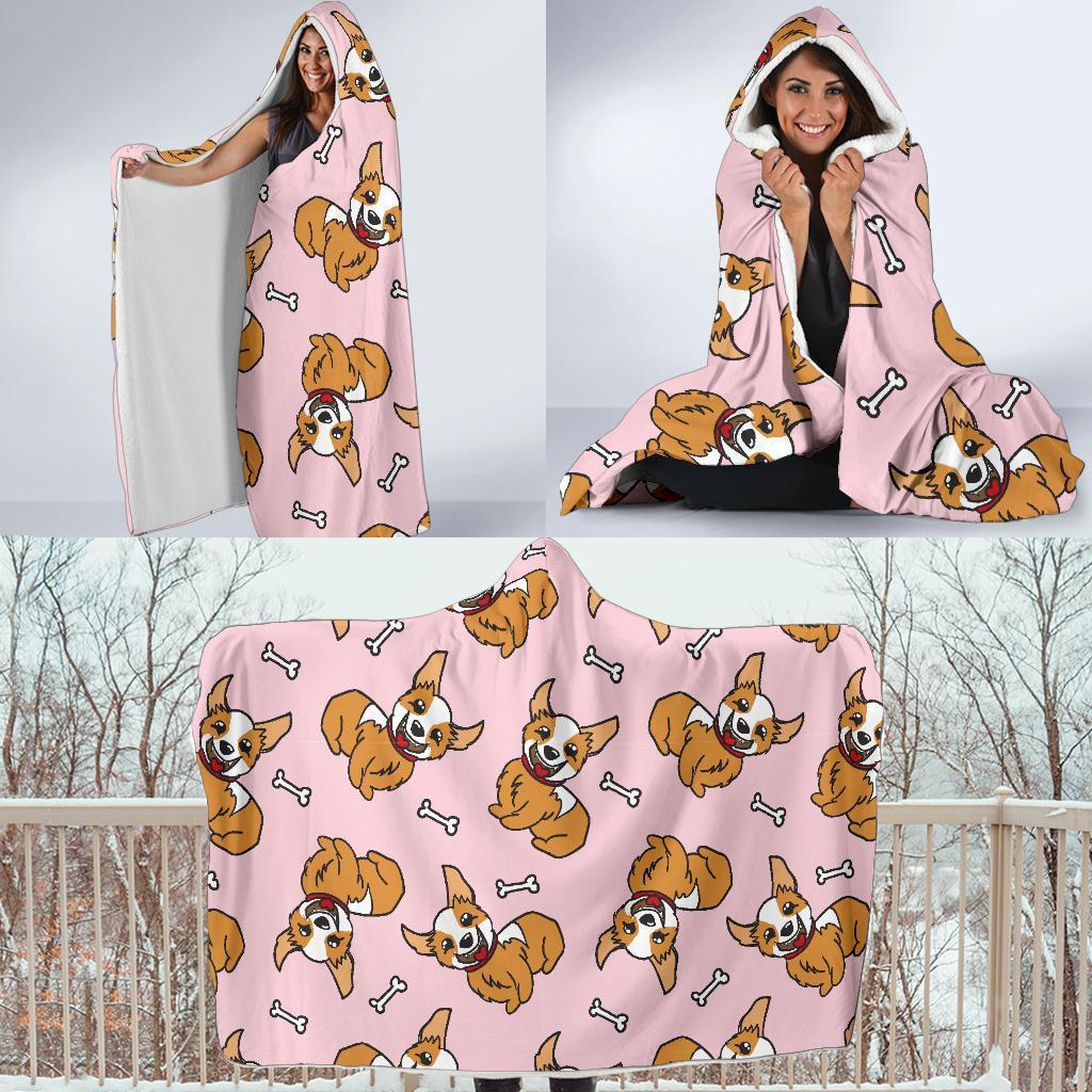 Pink Corgi Pattern Print Hooded Blanket-grizzshop