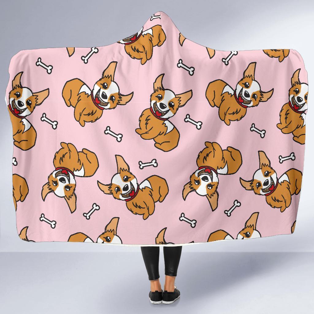 Pink Corgi Pattern Print Hooded Blanket-grizzshop