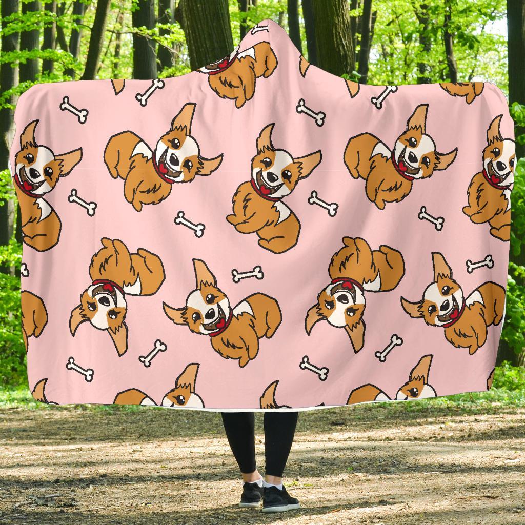 Pink Corgi Pattern Print Hooded Blanket-grizzshop