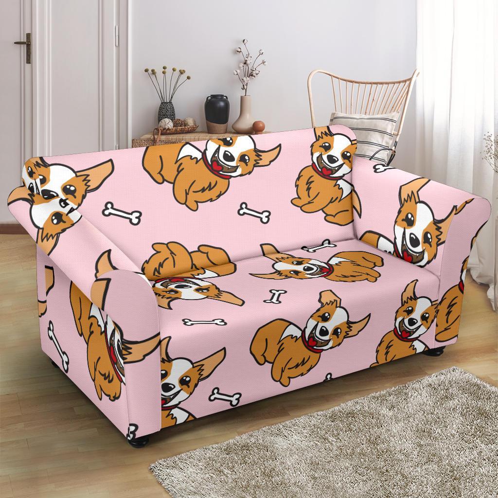 Pink Corgi Pattern Print Loveseat Cover-grizzshop