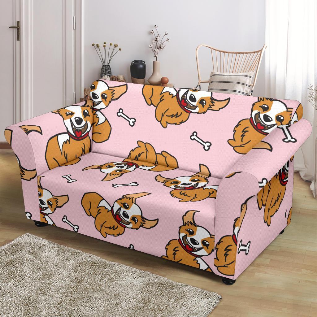 Pink Corgi Pattern Print Loveseat Cover-grizzshop