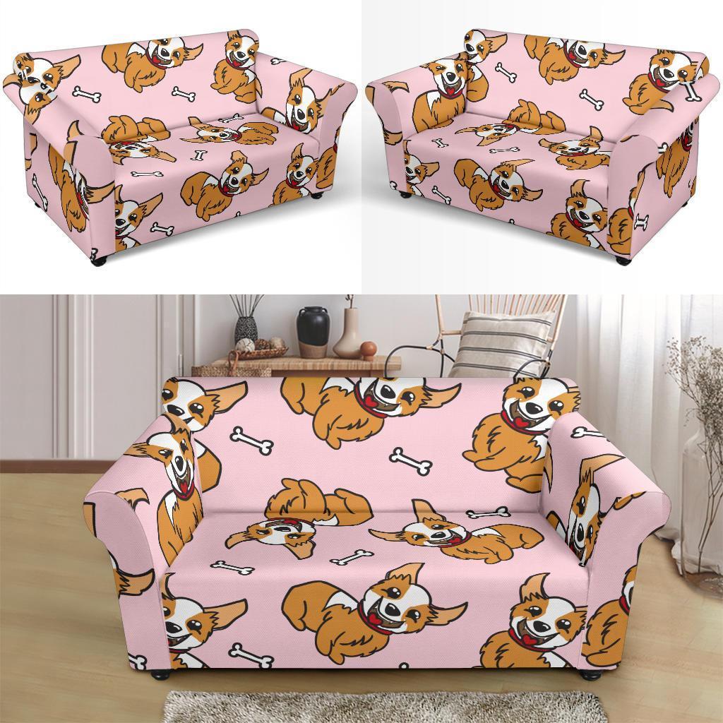 Pink Corgi Pattern Print Loveseat Cover-grizzshop