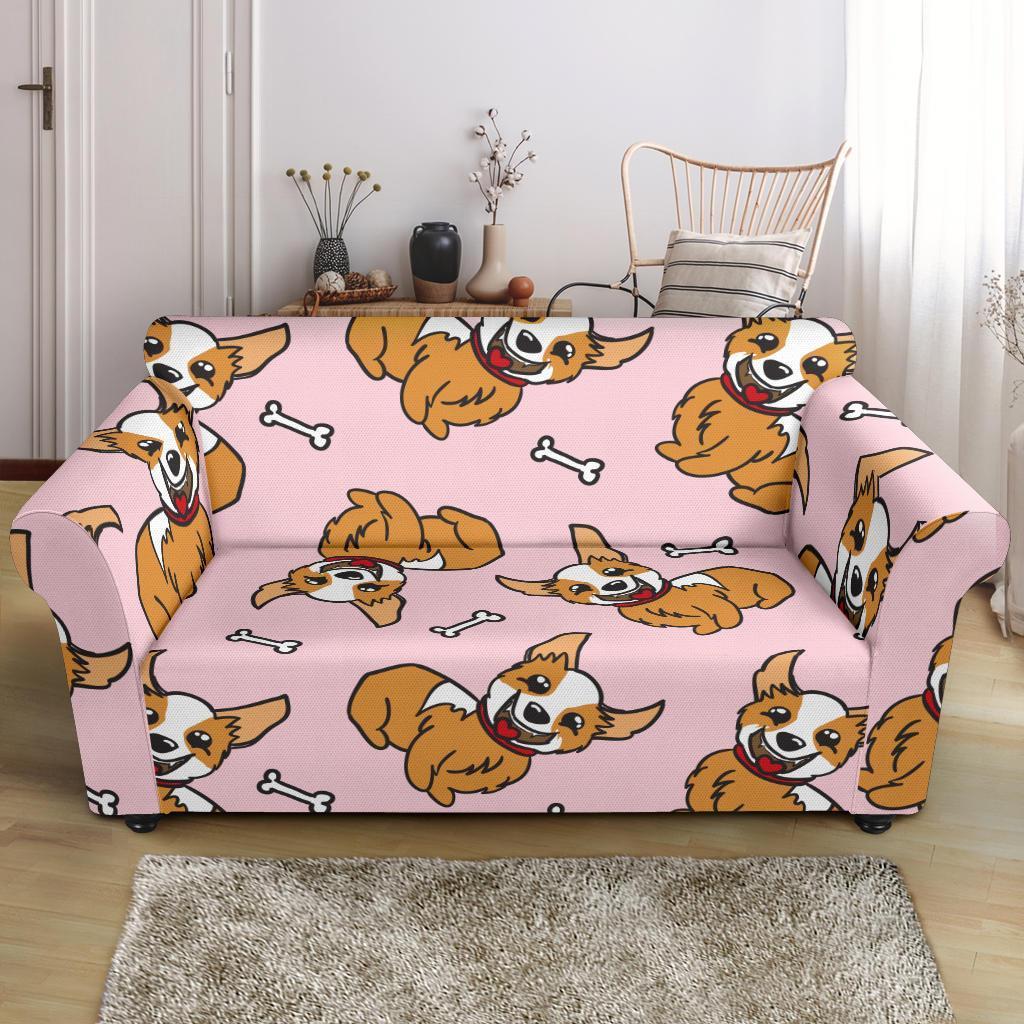 Pink Corgi Pattern Print Loveseat Cover-grizzshop