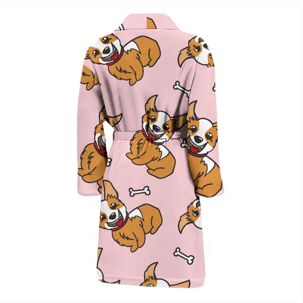 Pink Corgi Pattern Print Men Long Robe-grizzshop