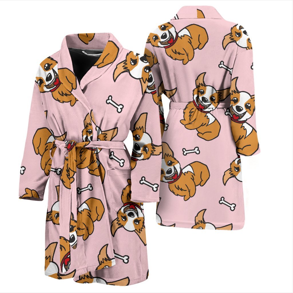 Pink Corgi Pattern Print Men Long Robe-grizzshop