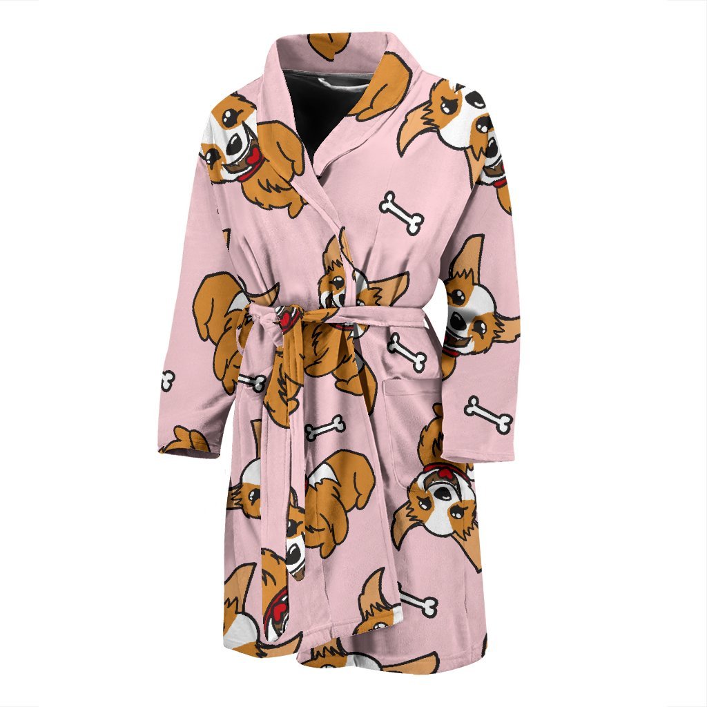 Pink Corgi Pattern Print Men Long Robe-grizzshop