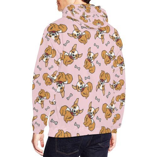 Pink Corgi Pattern Print Men Pullover Hoodie-grizzshop