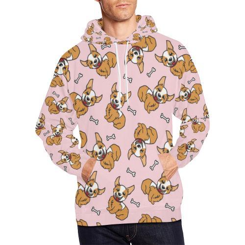 Pink Corgi Pattern Print Men Pullover Hoodie-grizzshop