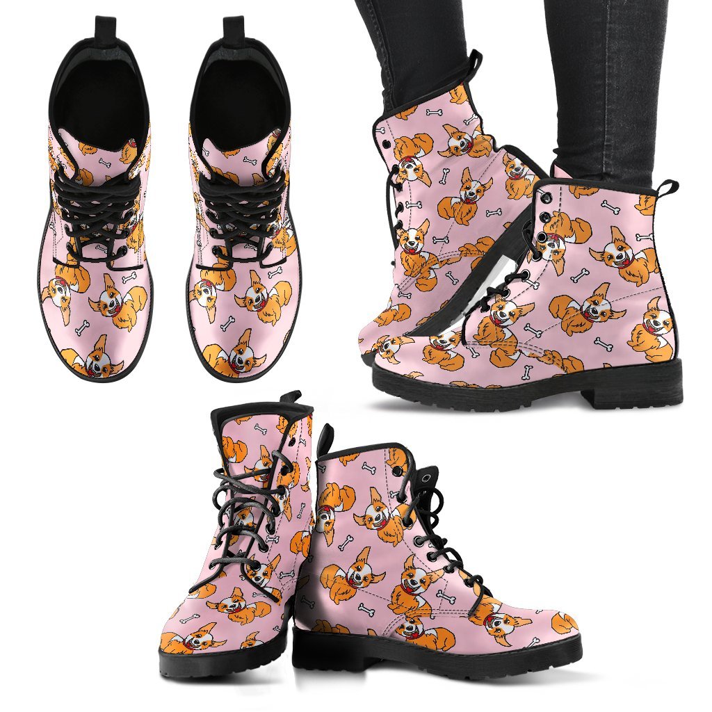 Pink Corgi Pattern Print Men Women Leather Boots-grizzshop