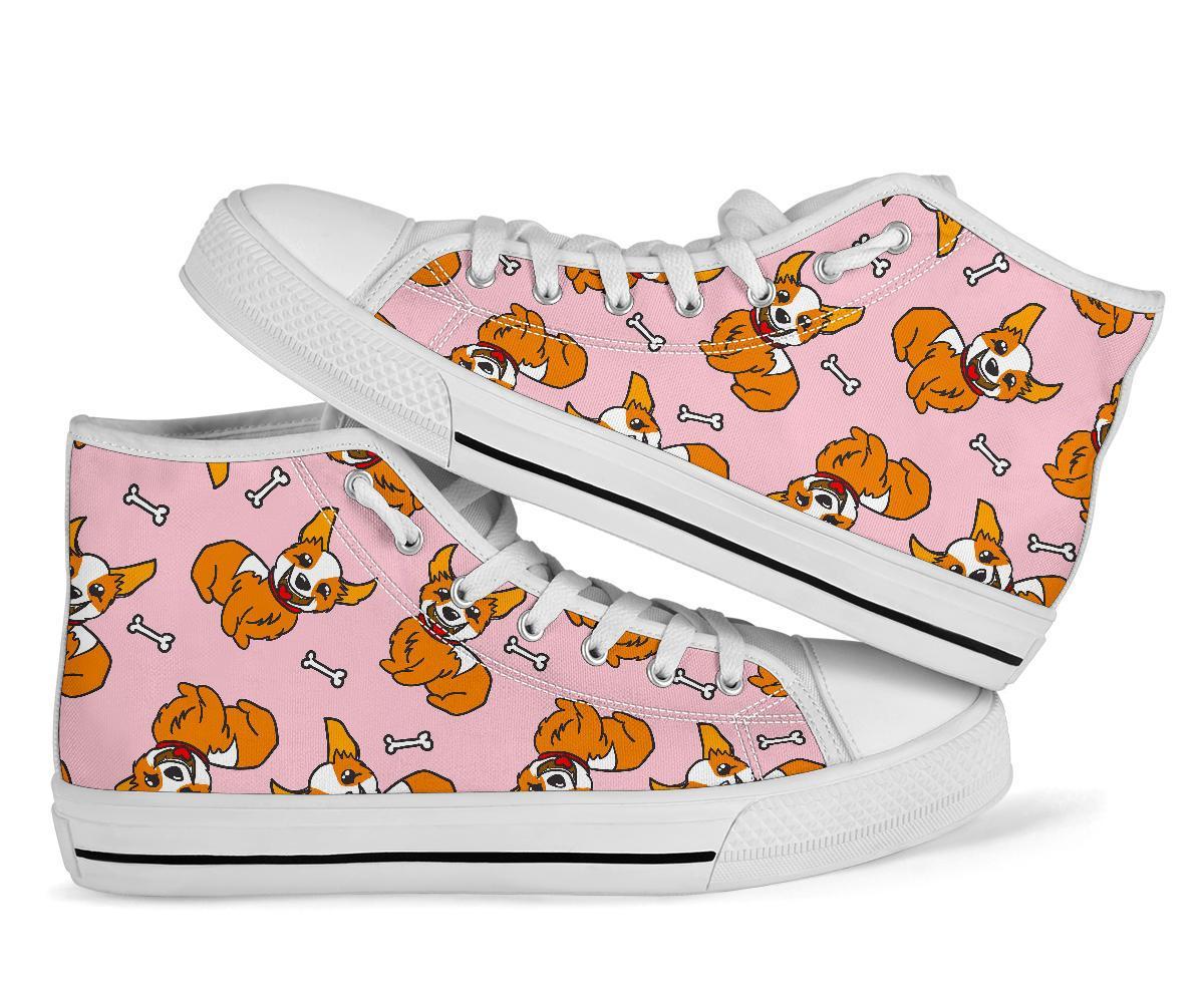 Pink Corgi Pattern Print Men Women's High Top Shoes-grizzshop