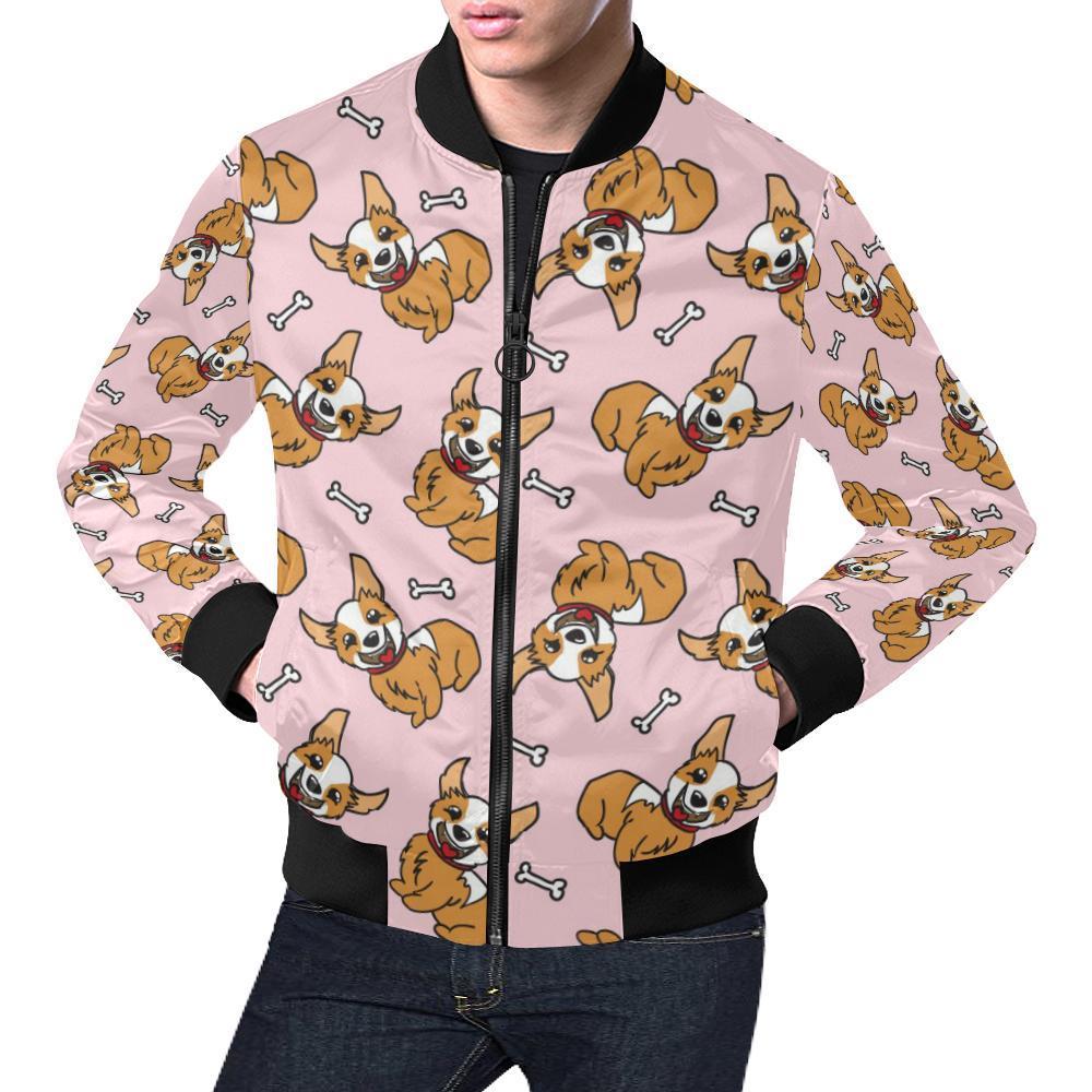 Pink Corgi Pattern Print Men's Bomber Jacket-grizzshop