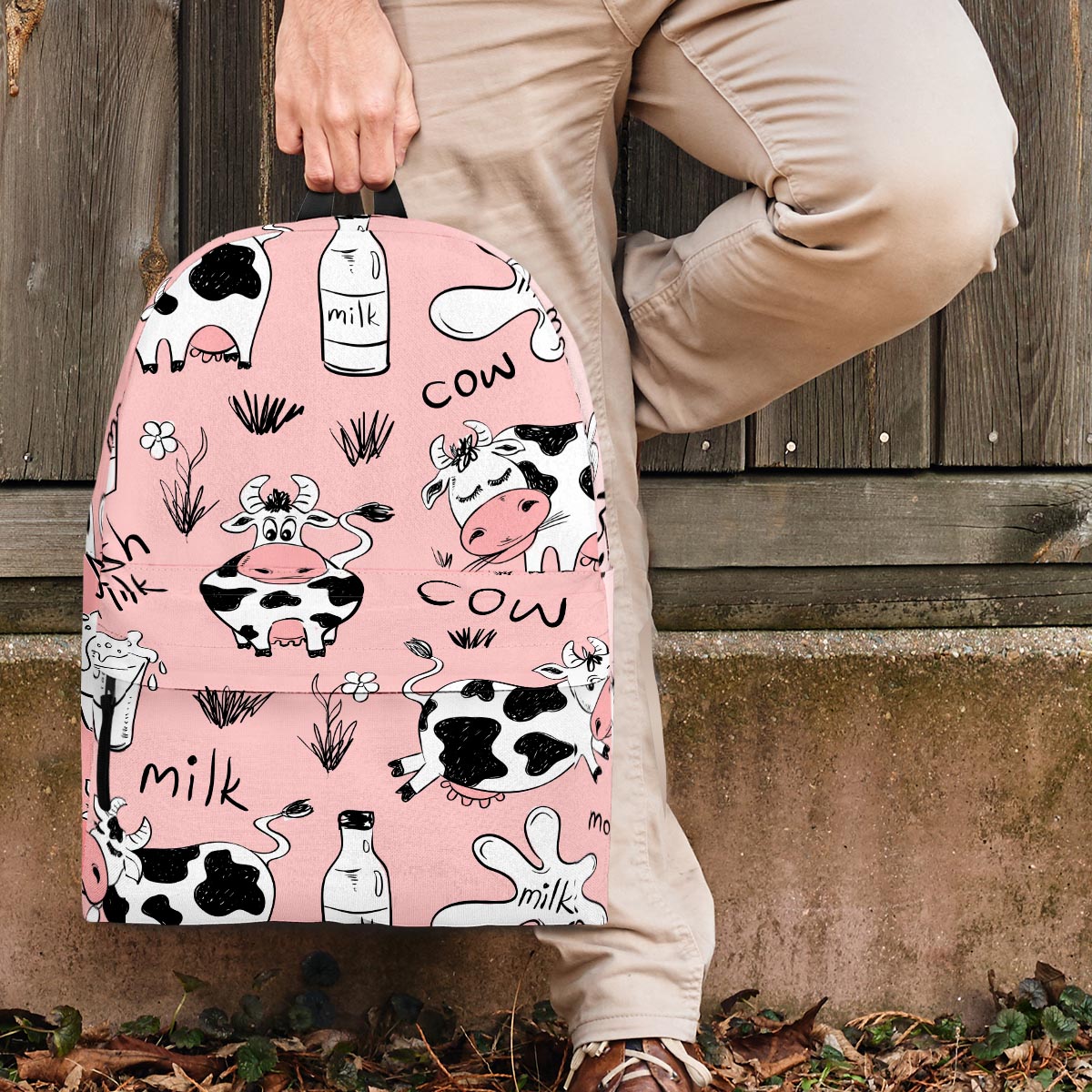 Pink Cow And Milk Print Backpack-grizzshop